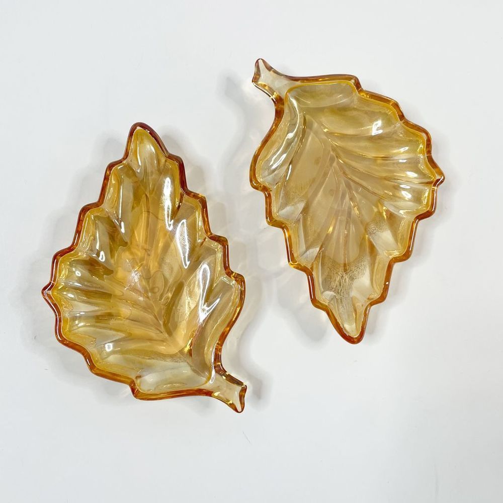 Set of 2 Colored Glass Leaf Trinket Dishes